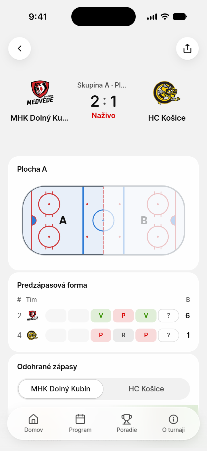 Zápas naživo v telefóne: MHK Dolný Kubín proti HC Košice 2 : 1 v skupine A, plocha A na náčrte štadióna a predzápasová forma, Dolný Kubín výhra, prehra a výhra, Košice prehra, remíza a prehra.